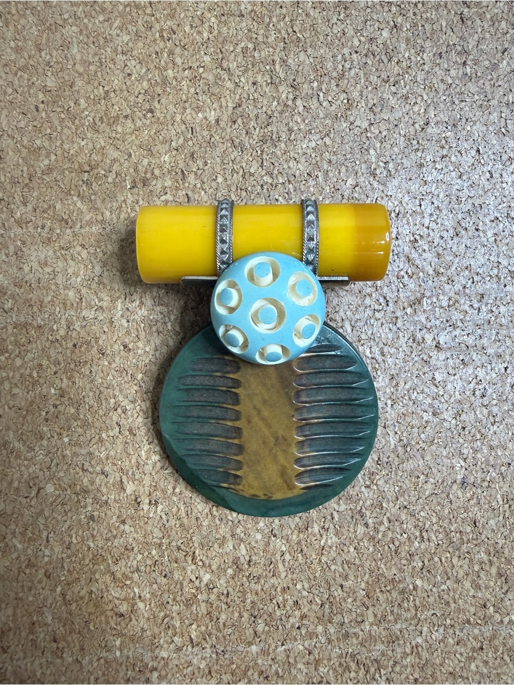 Retro Yellow, Teal and Cream Statement Pin Brooch